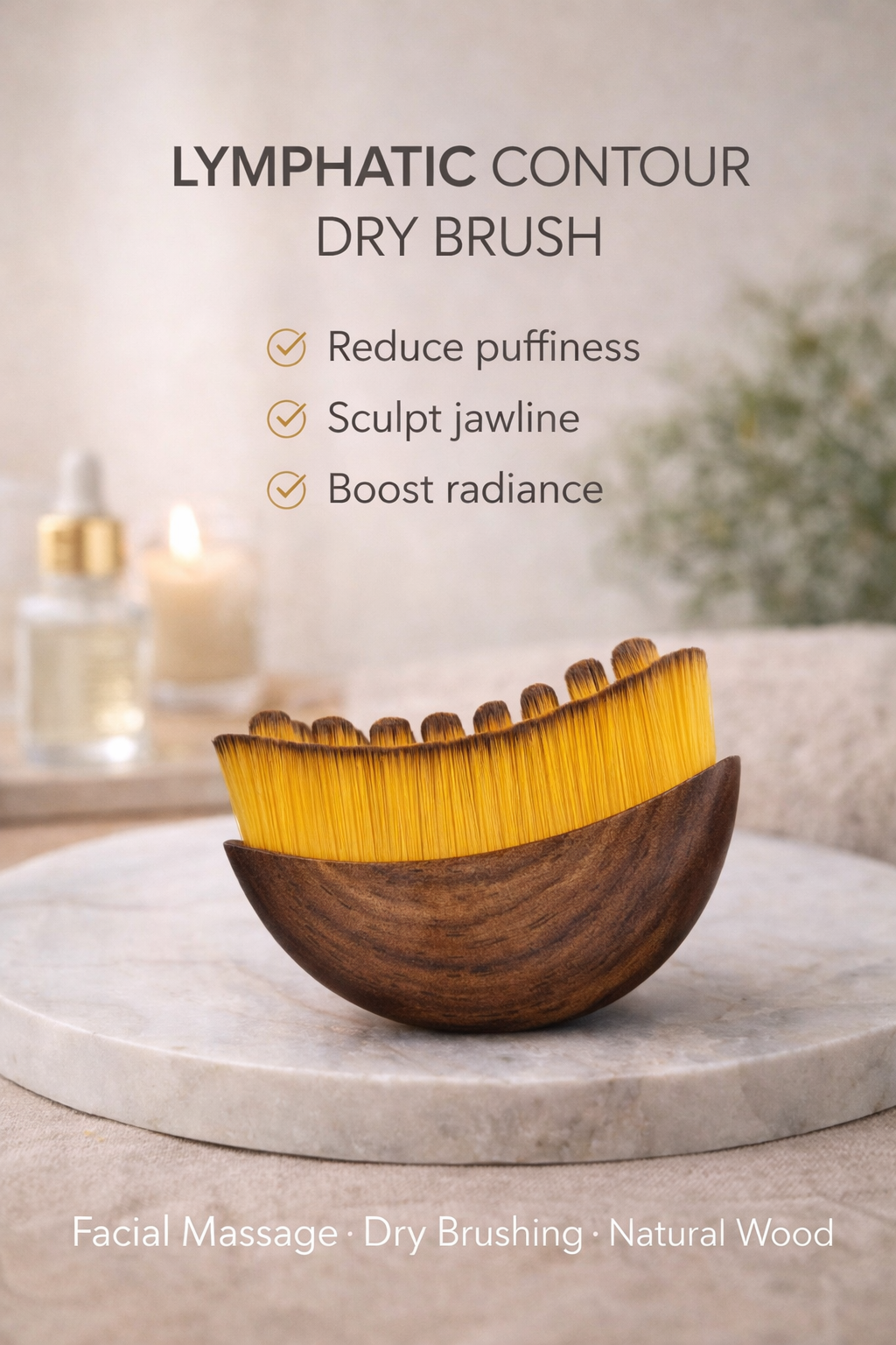 Dry brush with wooden handle and yellow bristles on a marble surface, with text about lymphatic contour dry brush benefits.